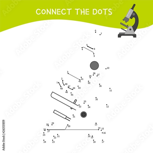 Educational game for kids. Dot to dot game for children. Cartoon cute microscope.