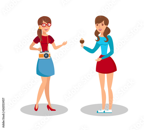Friendly Girls Meeting Flat Color Illustration