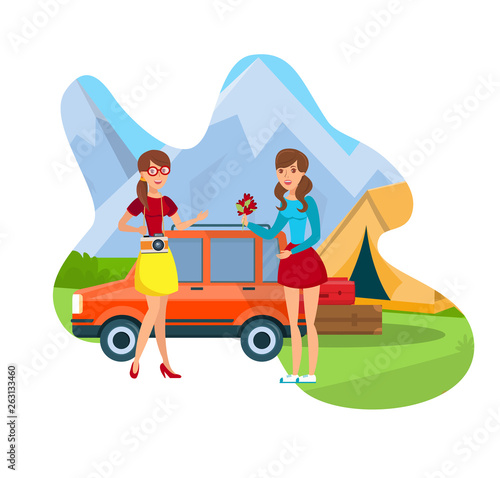 Camping and Hiking Flat Color Vector Illustration