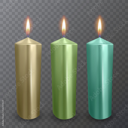 Realistic candles of gold, green and blue colors, Burning candles on dark background, paraffin or wax on transparent background. Vector illustration