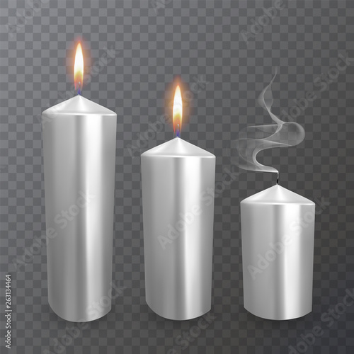 Realistic candles of white color, Burning and extinguished candles on dark background, paraffin or wax on transparent background. Vector illustration