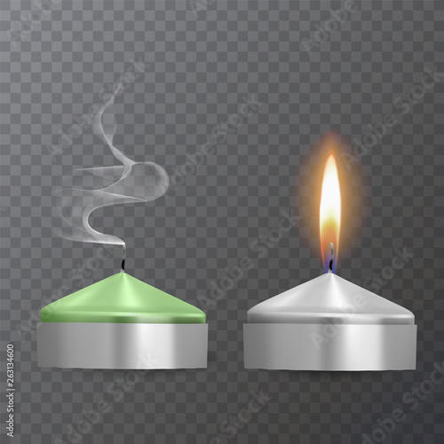 Realistic candles of green and white colors, Burning and extinguished candles on dark background, paraffin or wax on transparent background. Vector illustration
