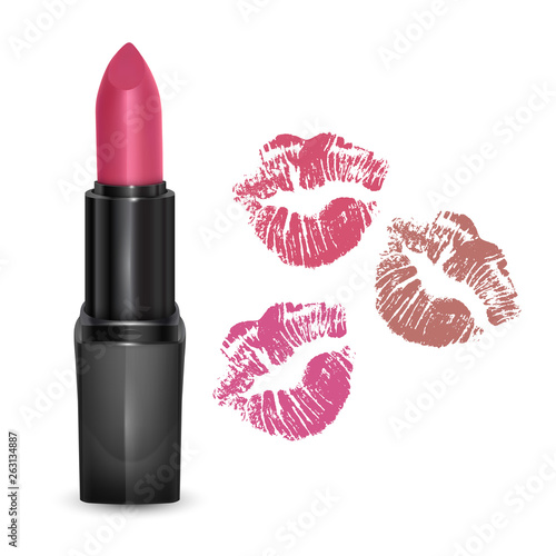 Realistic lipstick bright pink color kissing prints of different colors isolated on white background
