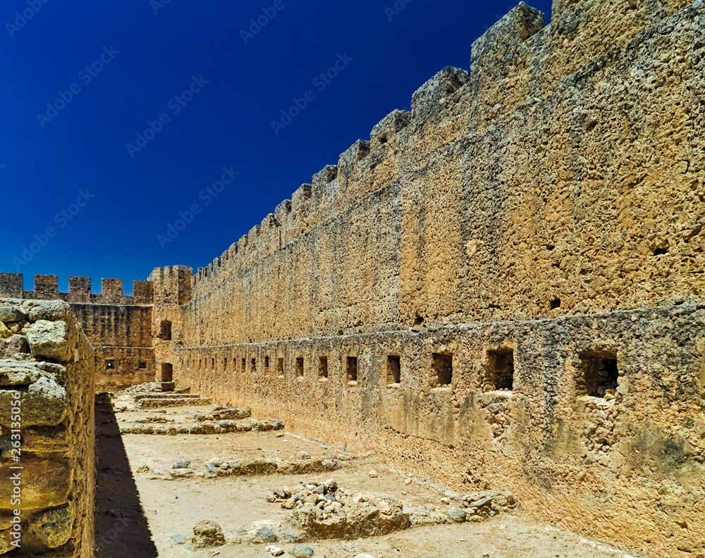 Fototapeta premium Fragocastelo castle in Crete island, Greece. Bright summer day, clear blue sky.