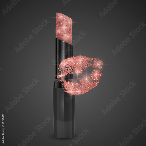 Lipstick of skin color and kissing print, realistic lipstick with glittering texture isolated on white background, Premium cosmetic product, vector illustration