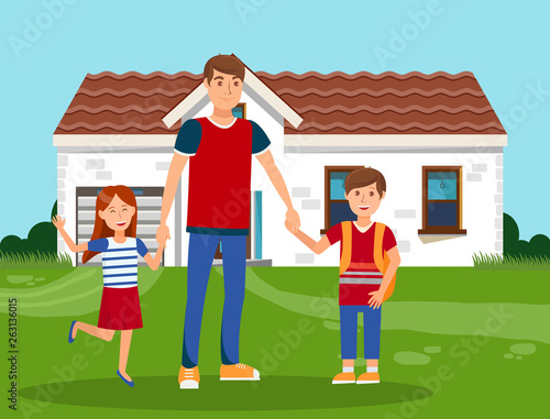 Happy Father with Kids Color Vector Illustration