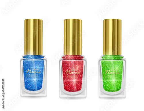 Set of Nail Polishes with glittery texture, nail Polish of red, blue and green colors with shiny texture, Vector illustration on white background