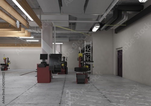 Automotive workshop, service station. 3D render