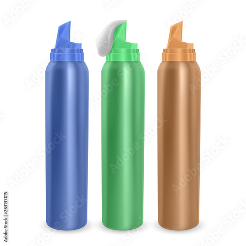 Set of foam bottles different color, modern advertisement template. Mock-up for product package branding, Metal bottles of shampoo and hair mousse isolated on white background.