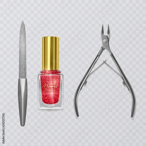 Vector illustration with manicure tools, red nail polish, nail file and realistic cuticle remover clippers