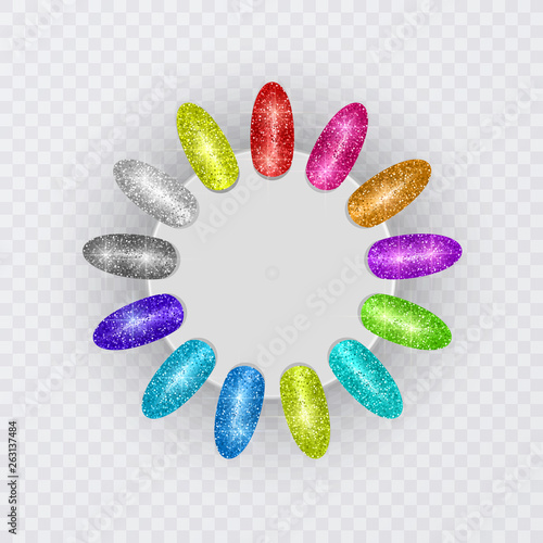 Colorful tips. Set of false nails for manicure. Varnish color palette for nail extension. oval palette with artificial nails, color swatches
