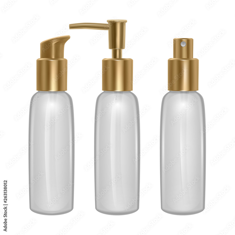Set of glass jars for perfume or oil, transparent jars, templates for brand of perfume or oil, realistic vector illustration Set of glass jars for perfume or oil, transparent jars, templates for brand of perfume or oil, realistic vector illustration