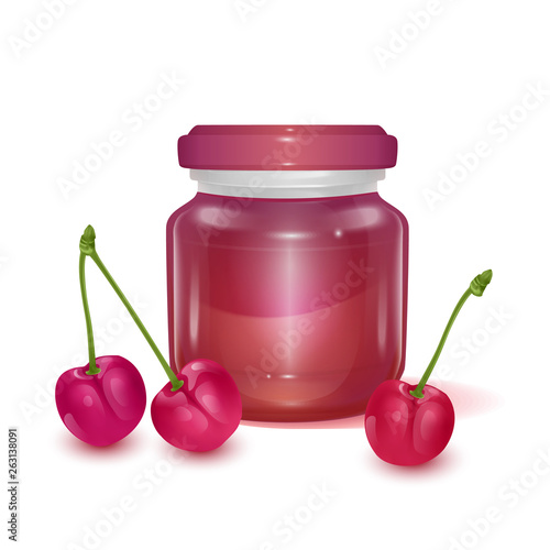 Glass jar with Cherry jam on light background, Label for jam. Mockup for your brand realistic vector EPS 10 illustration