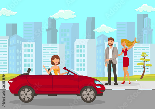 Happy Woman Meets Friends Flat Vector Illustration
