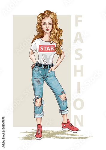 Cute hand drawn sketch fashion woman in ripped stylish jeans. Beautiful casual style. Vector fashion illustration.