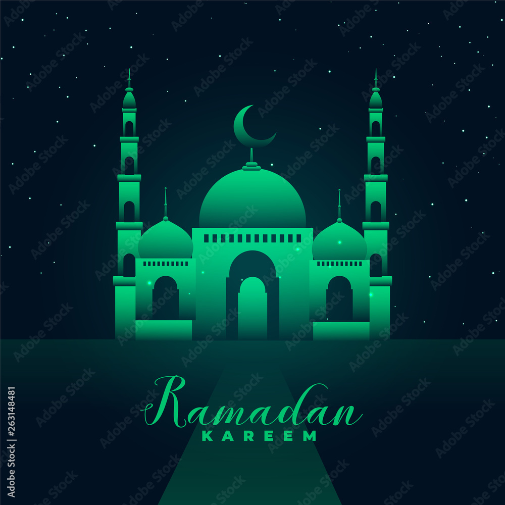 mosque silhouette with green lights ramadan kareem