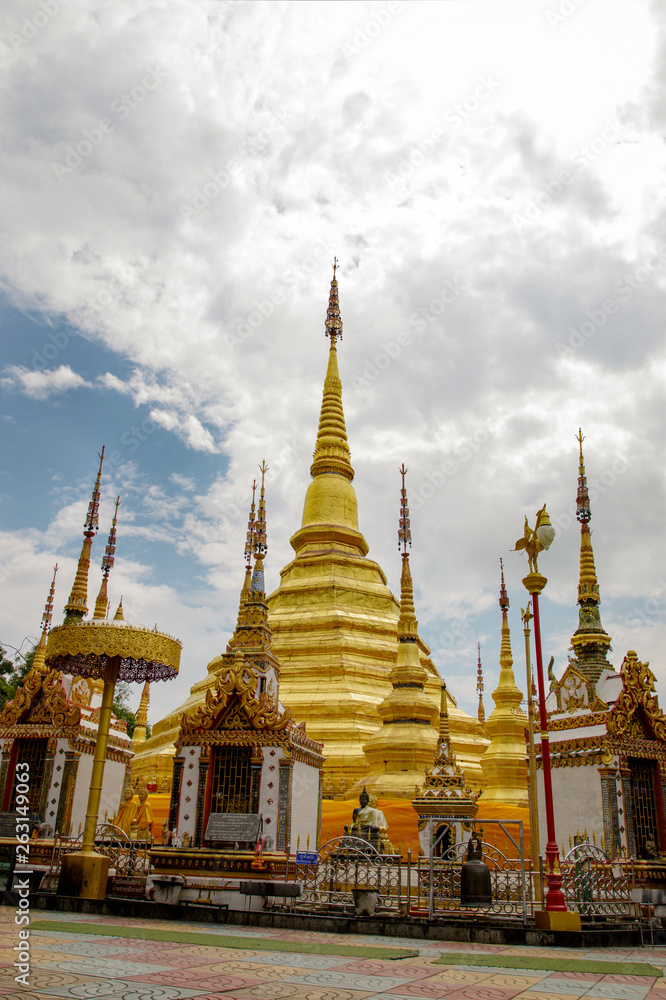 Naklejka premium Image of golden pagoda is located in the temple in bantak District. Buddhist temple in Thailand.