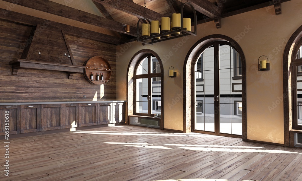 Naklejka premium The interior of the kitchen in a rustic style. 3d render