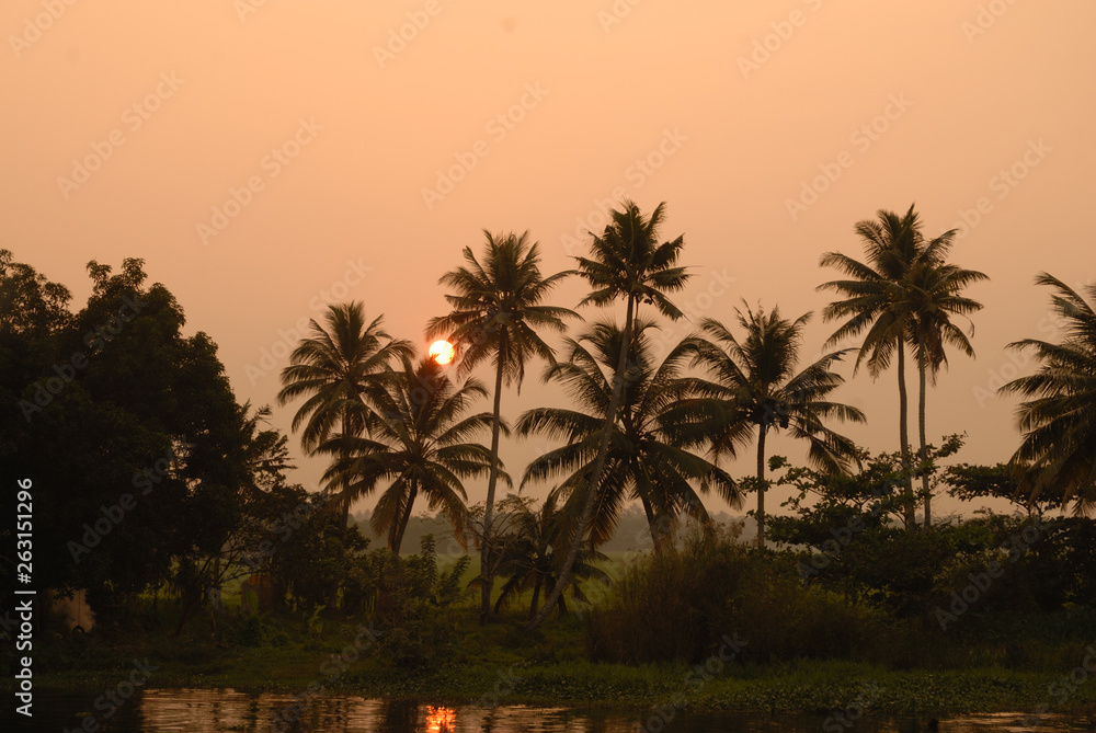 Sunset from backwater in Kerala Indua