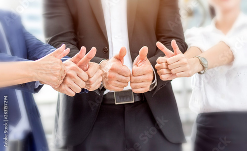 Unity and teamwork business concept; close up portrait of business people giving thumbs up.