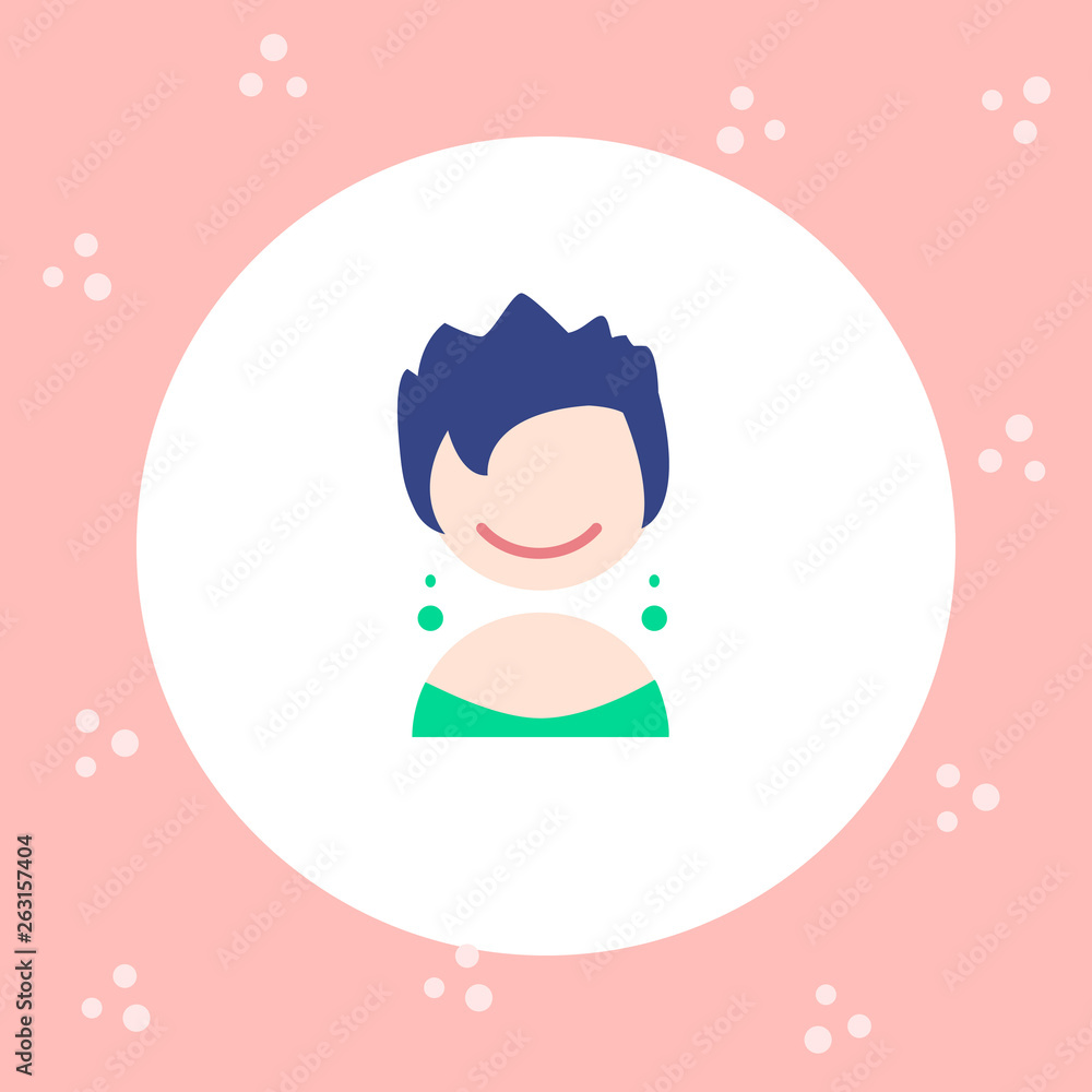 Girl face icon. Bright cartoon avatar for the Internet, sticker, stripes, typography
