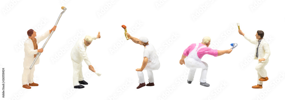 Fototapeta premium Miniature figurine character as painter standing and working in posture isolated on white background.