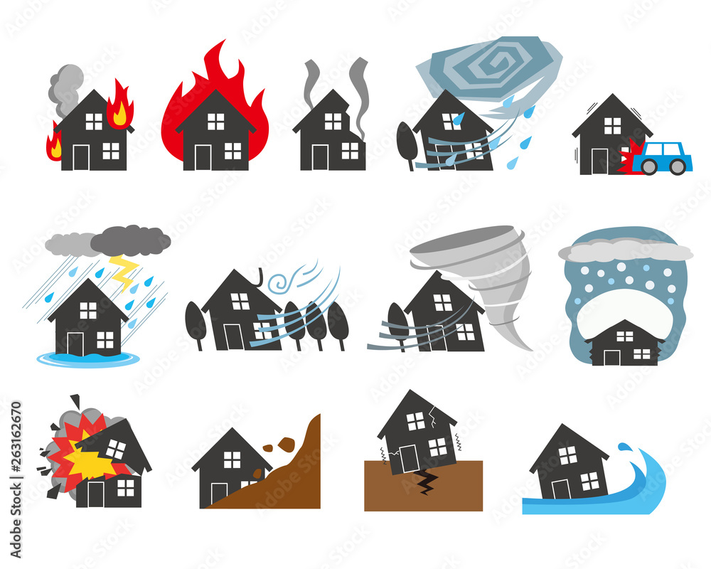 自然災害　イメージ　住宅　保険　マイホーム　シルエット