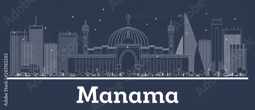 Outline Manama Bahrain City Skyline with White Buildings.