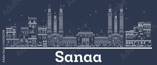 Outline Sanaa Yemen City Skyline with White Buildings. photo