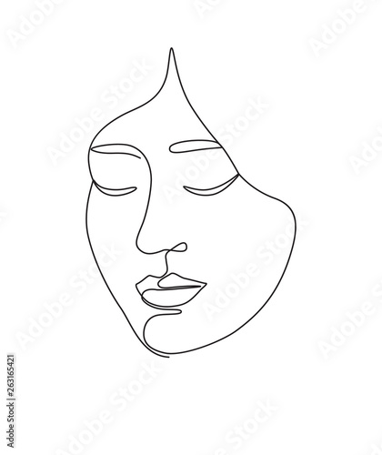 monochrome one line image of face of a young Asian woman. continuous line art.