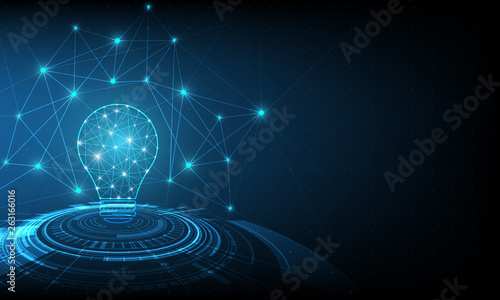 Vector circle tech with light blue and lamp bulb consisting of points on blue background.
