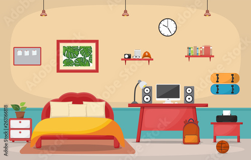 Student Study Desk Table Bedroom Interior Room Furniture Flat Design