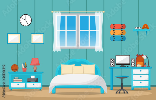 Student Study Desk Table Bedroom Interior Room Furniture Flat Design