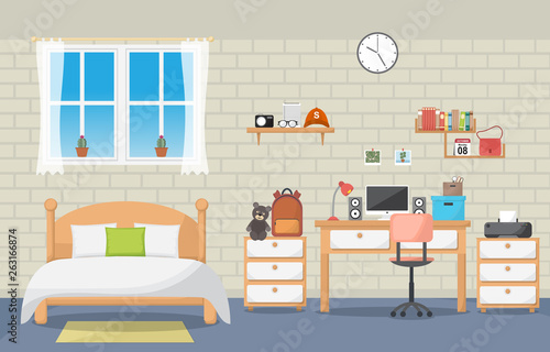 Student Study Desk Table Bedroom Interior Room Furniture Flat Design