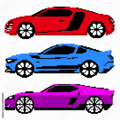 colored race cars collection pixel art