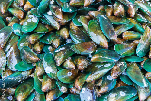 Stack of fresh mussels at fish market jetty. For seafood, food, kitchen, texture and background.