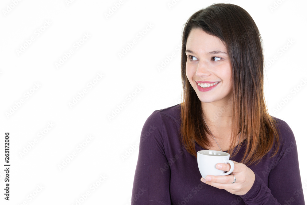 portrait of happy young woman with white cup of coffee portrait of happy young woman with white cup of coffee