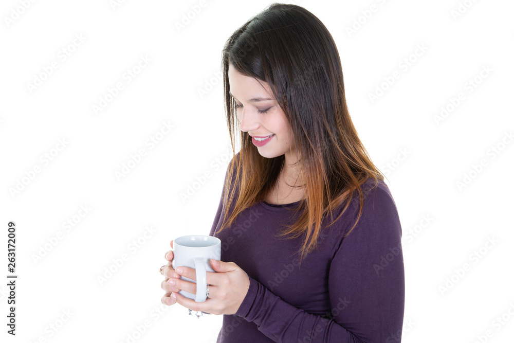 portrait of happy young woman with cup of coffee looking down pensive girl portrait of happy young woman with cup of coffee looking down pensive girl