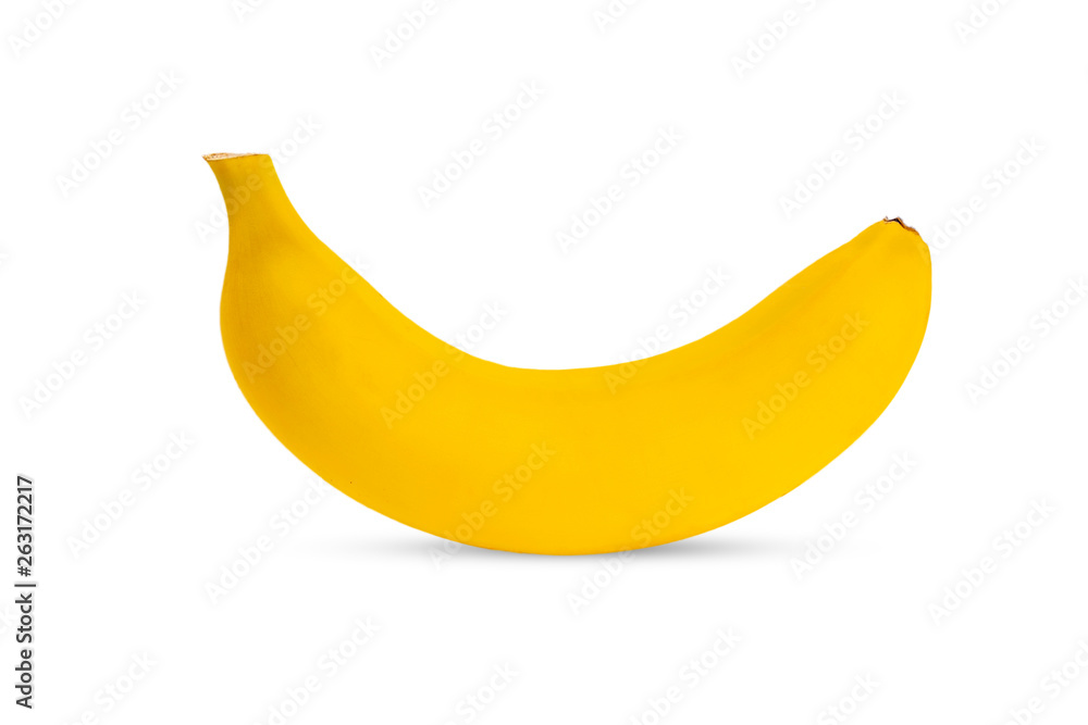 Single banana against white background. Flat lay, top view Single banana against white background. Flat lay, top view