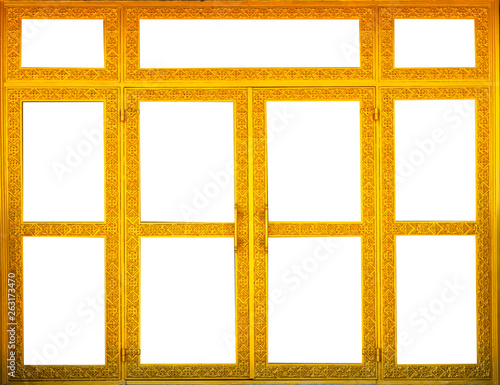 Carved patterns on gold wooden doors at thai temple. On white background
