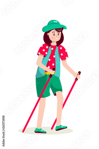 Senior woman with hat nordic walking flat illustration