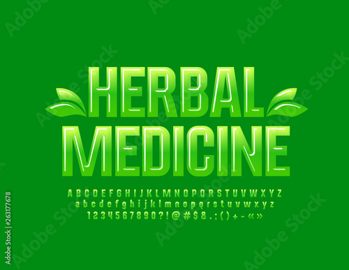 Vector green logo Herbal Medicine with Glossy Font. Set of creative Alphabet Letters, Numbers and Symbols