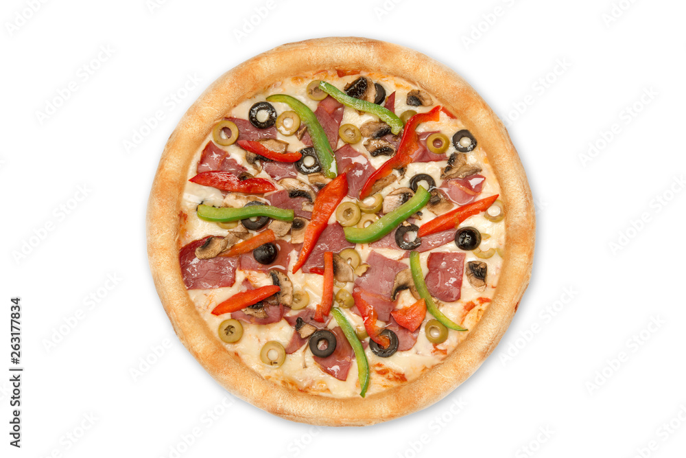 Mixed pizza from top isolated on white background for menu and layouts view Mixed pizza from top isolated on white background for menu and layouts view