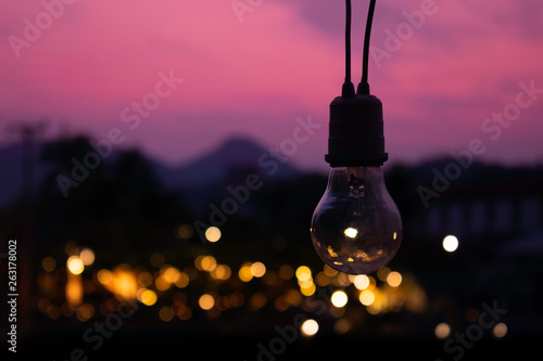 Light bulb with warm white on bokeh and blur landscape background. © Atiwan Janprom