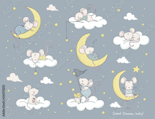 Set of cute cartoon mouses. Vector illustration