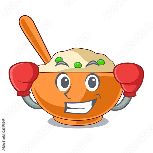 Boxing mashed potatoes served in character bowls