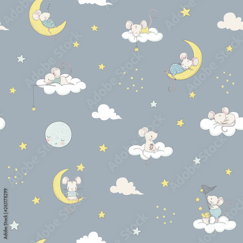 Childish seamless pattern white cute little mouses on the moon