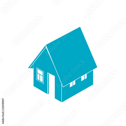 Isometric house silhouette in blue color isolated on white background. Web icon for real estate and home concept.