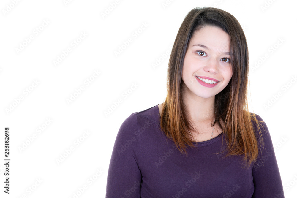 cute beautiful young woman white teeths isolated on white background and copy space cute beautiful young woman white teeths isolated on white background and copy space