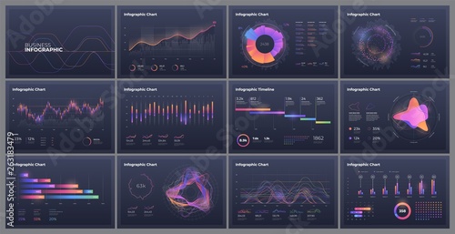 Dashboard infographic template with big data visualization. Pie charts, workflow, web design, UI elements. photo